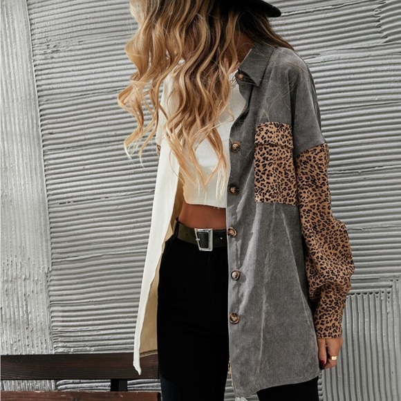 Cozy Corduroy Oversized Relaxed fit Leopard Print Patch Work Button Down Shirt - Picture 16 of 16